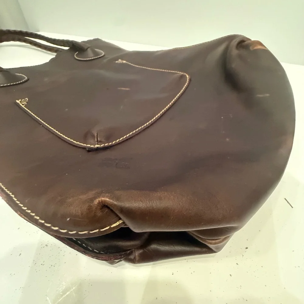 Patricia Nash Dark Brown Leather‎ Floral Cutout Scalloped Tote Bag Pink Lining